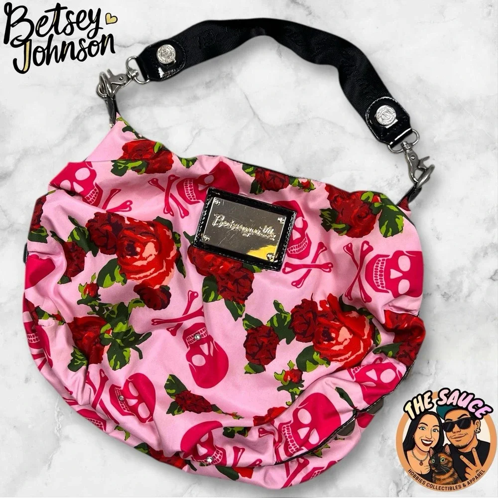 Betseyville Pink Skull Rose Print Hobo Shoulder Bag Studded Accents Y2K Emo Goth